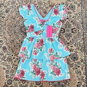 Betsy Johnson - Floral Tiered Ruffle Dress - Blue with Pink Roses